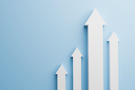 White arrow up to growth success, 3d render, progress way and forward achievement creative concept.